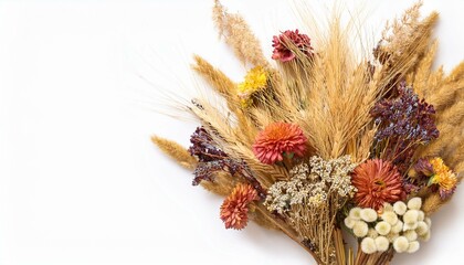 Dried flower arrangement with wheat and other grasses on a white background. The dried flowers are arranged in a fan shape in the lower right corner of the image, leaving plenty of copy space. 