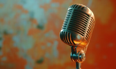 Vintage microphone on a bold orange background, with subtle shadows and modern lighting to emphasize the timeless design.
