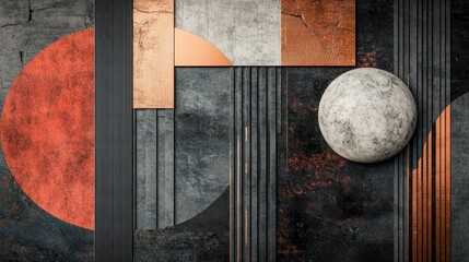 Abstract Geometric Composition:  Dark Tones, Metallic Accents, and Textured Circles