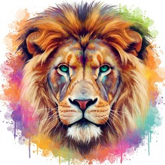 Naklejka premium Colorful watercolor portrait of a lion. Majestic lion head, prominent mane bursting with vibrant hues of orange, pink, yellow, purple, and blue. Intense, expressive eyes, deep teal, gaze directly 