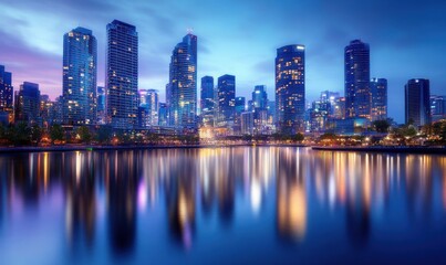 Sleek urban skyline at night, with glowing skyscrapers reflecting in a calm river below, showcasing modern city life.