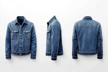 Stylish blue denim jacket mockup from three angles with classic design a white background
