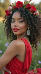 Fototapeta premium African female in red dress with floral crown in garden setting