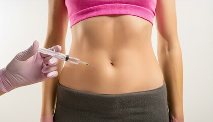 woman receiving a medical injection in her abdomen. The focus is on the injection process and the woman's midsection