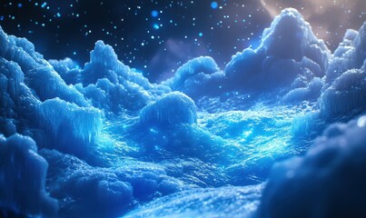 Sparkling icy surface with delicate frost patterns illuminated by soft blue light, evoking the crispness of winter