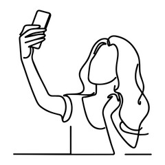 Line drawing of woman taking a selfie with phone on white background