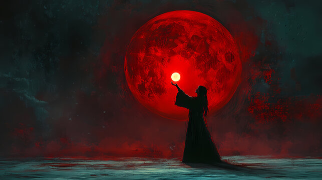 A mysterious sorceress stands before a blood moon, casting a spell with a glowing orb in hand. the image evokes mystery, magic, and the power of the unknown. Blood Moon Rituals. Illustration