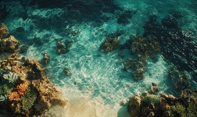 Stunning aerial view of vibrant coral reefs and turquoise ocean waves meeting sandy shores.