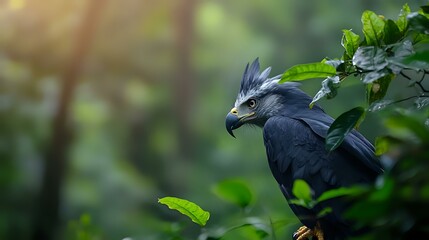 Obraz premium Majestic black eagle-hawk with distinctive blue-gray crest perched among green foliage in natural forest habitat, side profile against soft bokeh background.