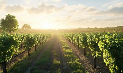 Naklejka premium Sunlit vineyard with rows of grapevines stretching into the distance, styled to emphasize the natural beauty and agricultural charm