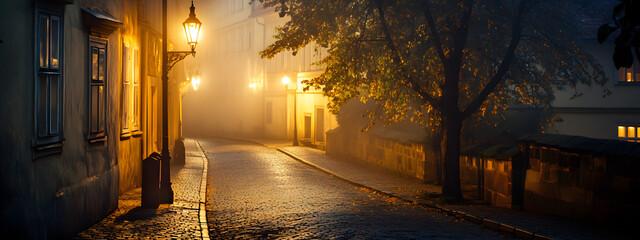 Fototapeta premium An old street in Prague, night, foggy 