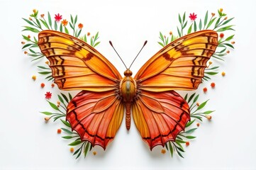 Obraz premium Vibrant orange butterfly with floral accents on white background