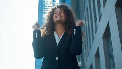 Happy excited joyful Caucasian woman female girl businesswoman lady celebrate scream shock surprise...