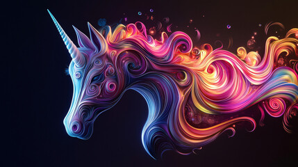 A magical unicorn with an intricate colorful swirling mane radiates neon light against a dark cosmic fantasy background full of artistic energy  
