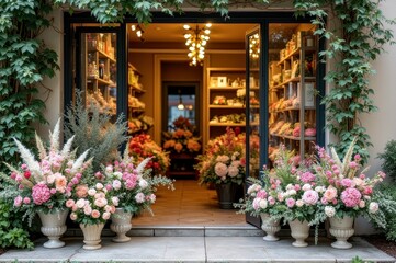 Charming florist shop entrance with vibrant floral arrangements