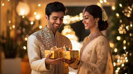 A young couple exchanging gifts in traditional Indian clothing, standing in a festively decorated home with lights and flowers
