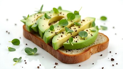 Sliced green avocado on whole grain toast with fresh herbs and seeds