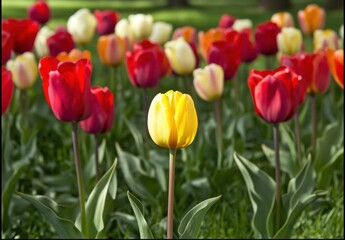 Fototapeta premium A field of colorful tulips in full bloom, with vibrant reds and oranges standing out against the green grassy background The focus is on one yellow tulip among the other flowers Generative AI