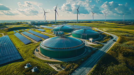 An aerial view of a biogas facility with solar panels and wind turbines nearby, emphasizing sustainable energy production.