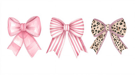 Three stylish decorative pink bows in different designs including satin striped and leopard print variations set against a white background  
