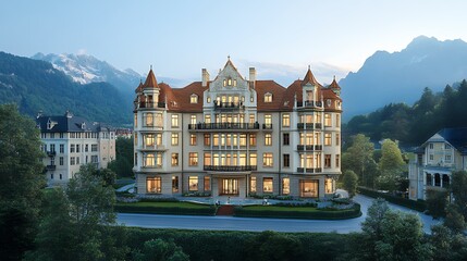 Fototapeta premium Elegant Mansion Surrounded by Mountains and Lush Greenery at Twilight in a Picturesque Alpine Setting