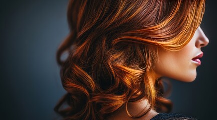 Naklejka premium A woman leans slightly to the side, revealing her profile. Her long, wavy hair features stunning shades of red and gold, creating a striking contrast against a dark background