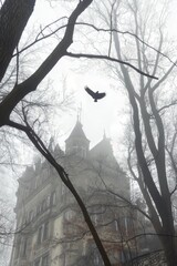 An ancient castle in the fog.