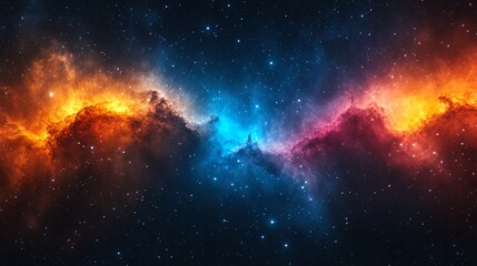 Fototapeta premium Colorful Cosmic Nebula Showcasing Vibrant Orange, Blue, and Pink Hues Amidst a Star-Filled Universe at the Heart of Deep Space