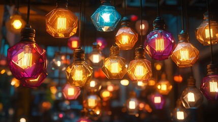 Colorful Hanging Glass Lights Illuminate a Cozy Indoor Space During an Evening Gathering