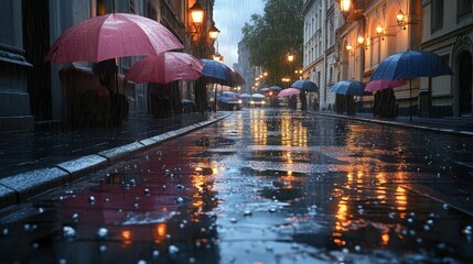 Obraz premium Rainy city street, glowing lights, people with umbrellas.