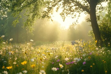 Fototapeta premium Sunlit wildflowers meadow sunrise