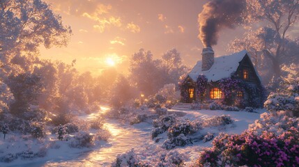 Fototapeta premium Charming Winter Cottage Surrounded by Snow and Blooming Flowers at Sunset in a Picturesque Natural Setting