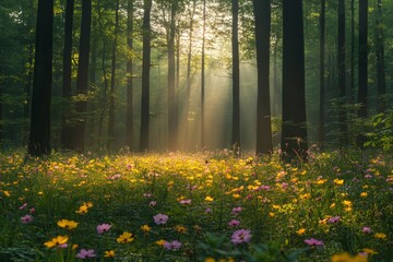 Obraz premium Sunlit forest meadow sunrise, floral background, nature scene, peaceful