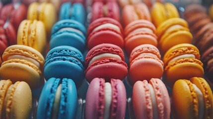 Colorful macarons display bakery food photography indoor close-up culinary delight