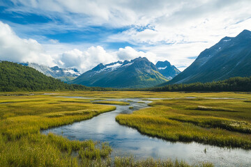 Fototapeta premium Vibrant wetlands and mountains. Generative AI