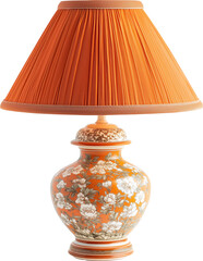 Mid century table lamp isolated on a transparent background. vintage lamp with colorful orange shade and painted solid wood floral base  