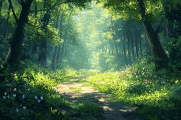 Sunlit forest path, wildflowers, summer scene, nature background, idyllic landscape