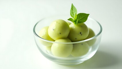 Obraz premium Fresh melon balls with mint leaves in clear glass bowl on white background