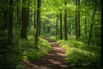 Sunlit forest path, nature trail, green canopy, peaceful hike, background greenery, perfect for travel brochures