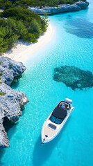 A drone photo of an open yacht in crystal-clear turquoise waters
