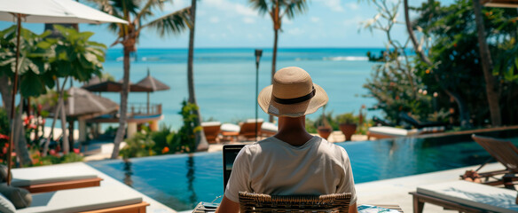 Obraz premium Man digital nomad remotely working on laptop at the edge of a swimming pool at a tropical resort