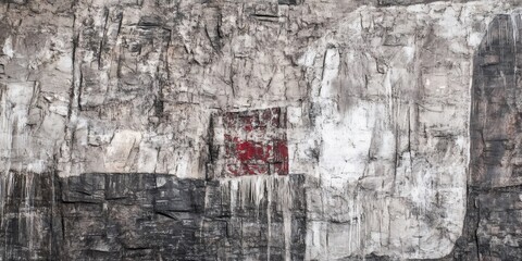 Abstract painting with textured background, red square and dripping paint, creating a unique and artistic visual