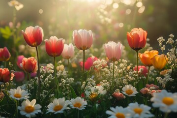 Fototapeta premium Sunlit tulips and daisies in spring garden