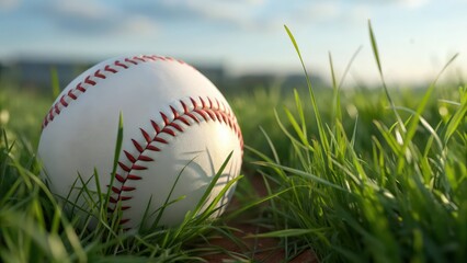 Baseball Lying on Fresh Green Grass in a Sunlit Field