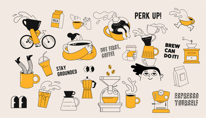 Collection of coffee illustrations and icons. Cafe and coffeeshop design. Concept characters with coffee mugs and utensils. Modern minimalist flat art. Perfect for coffee stores, prints, stickers.