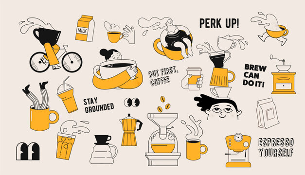Collection of coffee illustrations and icons. Cafe and coffeeshop design. Concept characters with coffee mugs and utensils. Modern minimalist flat art. Perfect for coffee stores, prints, stickers.