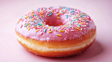 A pink donut adorned with colorful sprinkles, sitting on a soft pink background, evoking a fun and sweet vibe