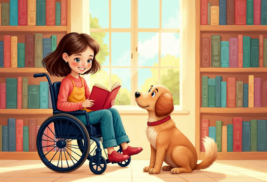 Illustration of a young girl with a beaming smile sitting in her wheelchair book in the library accompanied by her big dog - Powered by Adobe
