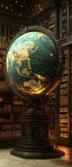 Obraz premium Illuminated globe stands in grand library, sparkling knowledge.