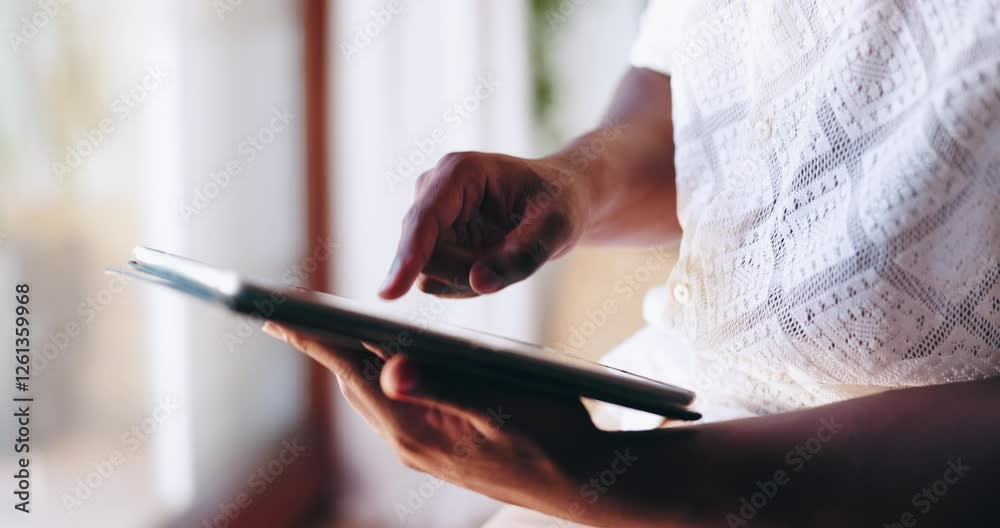 Poster hands, home and man with tablet, typing and internet for email, website info and social media. close